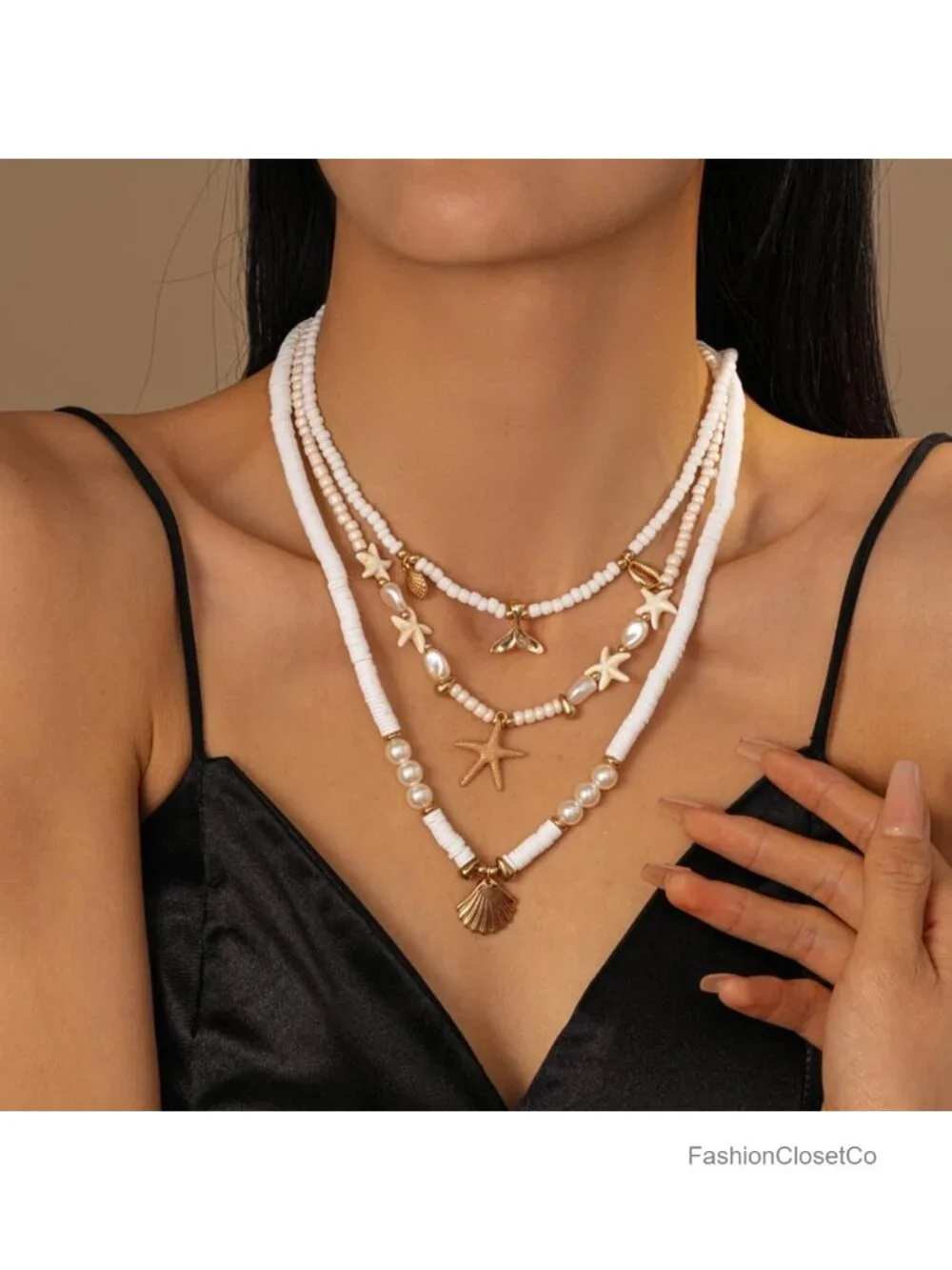 18k Gold Plated Starfish Seashell Charm Necklace Adjustable Beachy Stackable
